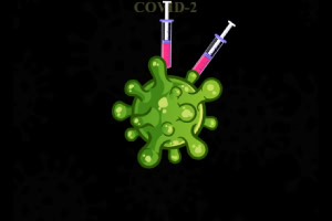 Një imazh që paraqet një virus të gjelbër me dy shiringa me lëng rozë të vendosura mbi të