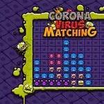 Një ekran me grafikë të karikaturave me ngjyra të ndritshme, që përmban një rrjetë katrorësh të mbushura me fytyra të vogla monstroze shumëngjyrëshe, me titullin Corona Virus Matching në krye