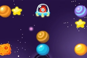Një sfond hapësinor me yje të verdhë, planete shumëngjyrëshe dhe një anije kozmike të vogël me një sy të madh në qendër