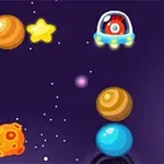Një sfond hapësinor me yje të verdhë, planete shumëngjyrëshe dhe një anije kozmike të vogël me një sy të madh në qendër