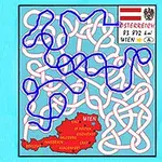 Një labirint kompleks me rrugë të ndërlikuara që çojnë në një hartë të kuqe të Austrisë, me informacione si flamuri dhe emri Österreich