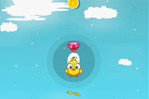 Zog i verdhë fluturon në qiell të kaltër me re, ndërsa përpiqet të arrijë një diamant të kuq