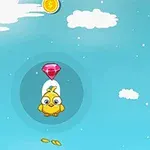 Zog i verdhë fluturon në qiell të kaltër me re, ndërsa përpiqet të arrijë një diamant të kuq