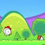Një pulë e vogël fluturon nëpër një peizazh me kodra të gjelbra dhe pemë të rrumbullakëta, me male vjollcë në sfond