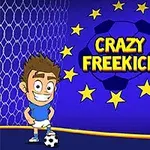 Një karakter vizatimor në uniformë futbolli qëndron pranë një topi përpara një sfondi me rrjetë dhe yje