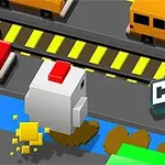 Një pulë stilizuar në një mjedis pixel art përpara një rruge me makinë të verdhë dhe një shenjë që thotë CRAZY HEN