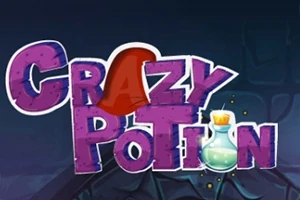 Teksti Crazy Potion me një kapelë magjistari dhe një shishe të vogël në sfond të errët
