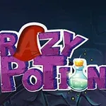 Teksti Crazy Potion me një kapelë magjistari dhe një shishe të vogël në sfond të errët