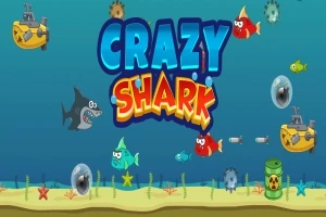 Një imazh me peshkaqenë dhe peshq shumëngjyrësh në një mjedis nënujore me të në sfondin e ndriçuar nga një titull i madh CRAZY SHARK