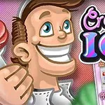 Një person i buzëqeshur me një akullore në dorë ndodhet përbri një posteri me tekstin Creamy Ice dhe një ilustrim dyqani në sfond