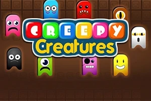 Grafika paraqet figura shumëngjyrëshe të formave qesharake me fytyra të ndryshme rreth logotipit Creepy Creatures