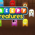Grafika paraqet figura shumëngjyrëshe të formave qesharake me fytyra të ndryshme rreth logotipit Creepy Creatures