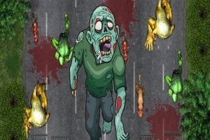 Një zombi me sy të mëdhenj në një rrugë të errët të rrethuar nga bisha jeshile dhe të verdha të shtrira dhe njolla gjaku në sfond