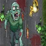 Një zombi me sy të mëdhenj në një rrugë të errët të rrethuar nga bisha jeshile dhe të verdha të shtrira dhe njolla gjaku në sfond