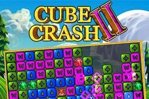 Titulli Cube Crash II mbi një sfond lojëra me kube shumëngjyrëshe dhe kristale në një peizazh jashtë