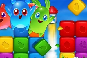 Karaktere të animuara shumëngjyrëshe dhe blloqe ngjyrash me figura frutash në sfond blu të ndritshëm