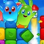Karaktere të animuara shumëngjyrëshe dhe blloqe ngjyrash me figura frutash në sfond blu të ndritshëm