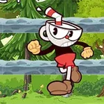 Një karakter vizatimor me kokë filxhani, pantallona të kuqe dhe dorashka, ecën në një sfond me pemë dhe gardh natyror