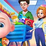 Fëmijë i lumtur me sy të mëdhenj në një supermarket me prindërit, duke shtyrë një karrocë blerjeje plot me ushqime
