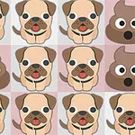 Imazhi përmban një model alternues të ilustrimeve të qenve pug me sy të mëdhenj dhe hunda në formë zemre, dhe ikona të feçeve me sy të mëdhenj dhe të zinj