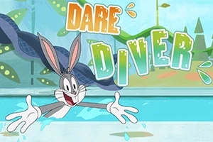 Një lepur cartoon me veshë të gjatë del nga uji me një shprehje të habitur, ndërsa rreth tij ndodhet teksti DARE DIVER