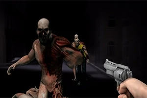 Një skenë me ndriçim të ulët ku një figurë kërcënuese është afruar, ndërsa në plan të parë shihet një dorë që mban një armë