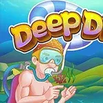 Një zhytës me maskë zhytjeje dhe bombol oksigjeni në një ambient të nëndetshëm me shkëmbinj dhe bime detare, me tekstin Deep Dive