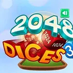 Teksti 2048 DICES 3D me sfond kubesh dhe një ikonë audio në një sfond blu