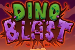 Teksti grafik DINO BLAST me ngjyra të gjelbra dhe vjollcë në një sfond portokalli dhe të kuq