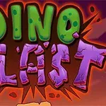 Teksti grafik DINO BLAST me ngjyra të gjelbra dhe vjollcë në një sfond portokalli dhe të kuq
