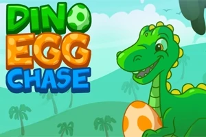 Një dinosaur jeshil i buzëqeshur mban një vezë portokalli mbi një sfond me pemë palme dhe male