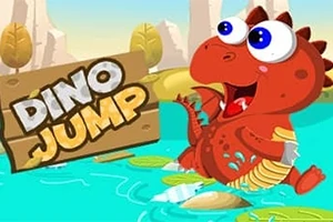 Dino i kuq me sy të mëdhenj në një pellg uji duke kërcyer mbi gjethe, pranë një tabele druri me tekstin Dino Jump