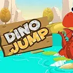 Dino i kuq me sy të mëdhenj në një pellg uji duke kërcyer mbi gjethe, pranë një tabele druri me tekstin Dino Jump