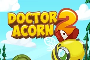 Një imazh me titullin Doctor Acorn 2 me një sfond të kaltër dhe një bletë të verdhë me sy të mëdhenj dhe një kapele në formë zemre