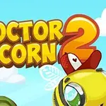 Një imazh me titullin Doctor Acorn 2 me një sfond të kaltër dhe një bletë të verdhë me sy të mëdhenj dhe një kapele në formë zemre