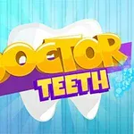 Tekst i verdhë dhe vjollcë Doctor Teeth mbi një sfond dhëmbi të bardhë dhe blu, me furçë dhëmbësh dhe pastë dhëmbësh anash