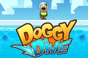 Një qen me helmetë zhytjeje qëndron pranë një pishine të kaltër, me logo të madhe të titulluar Doggy Dive