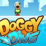 Një qen me helmetë zhytjeje qëndron pranë një pishine të kaltër, me logo të madhe të titulluar Doggy Dive