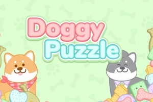 Dy qen të vizatuar në stilin e animuar me ngjyra pastel, rrethuar nga biskota në formë kocke, me tekstin Doggy Puzzle në mes