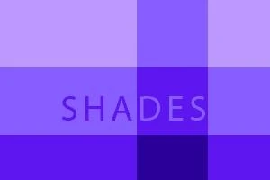 Një mozaik me katrorë në nuanca të ndryshme të ngjyrës vjollcë me fjalën SHADES në qendër