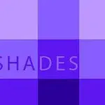 Një mozaik me katrorë në nuanca të ndryshme të ngjyrës vjollcë me fjalën SHADES në qendër