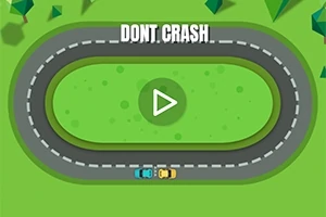 Dy makina me ngjyra të ndezura në një pistë ovale në një sfond të gjelbër, me butonin e luajtjes në qendër dhe tekstin “DONT CRASH” sipër