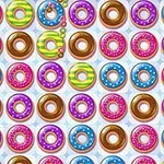 Një model i organizuar me rreshta të shumëfishtë me donuts shumëngjyrëshe, përfshirë ngjyra rozë, jeshile dhe kafe