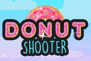 Teksti Donut Shooter mbi një sfond me njolla me ngjyra dhe një donut rozë me glazurë dhe ngjyra të ndryshme