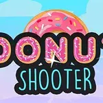 Teksti Donut Shooter mbi një sfond me njolla me ngjyra dhe një donut rozë me glazurë dhe ngjyra të ndryshme