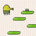 Një figurë e verdhë me sy të vetëm dhe këmbë të zeza kërceu mbi platforma jeshile në një sfond me katrorë