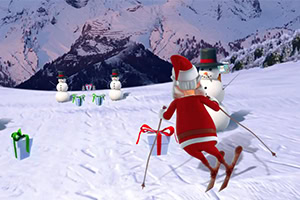 Një person i veshur si Santa Claus zbret me ski në një rrugë dëbore, ndërsa përreth ka burra dëbore dhe dhurata të vendosura mbi dëborë