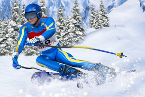 Një skiator sportiv i veshur me uniformë blu po zbrit skitar në një terren të mbuluar me borë, me pemë të mbuluara me borë në sfond