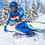 Një skiator sportiv i veshur me uniformë blu po zbrit skitar në një terren të mbuluar me borë, me pemë të mbuluara me borë në sfond