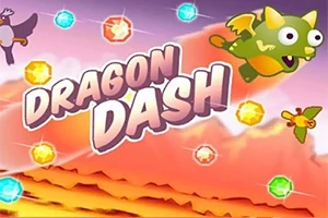 Një dragua i vogël jeshil fluturon në një sfond ngjyrash të ngrohta me xhevahire shumëngjyrëshe dhe titullin Dragon Dash